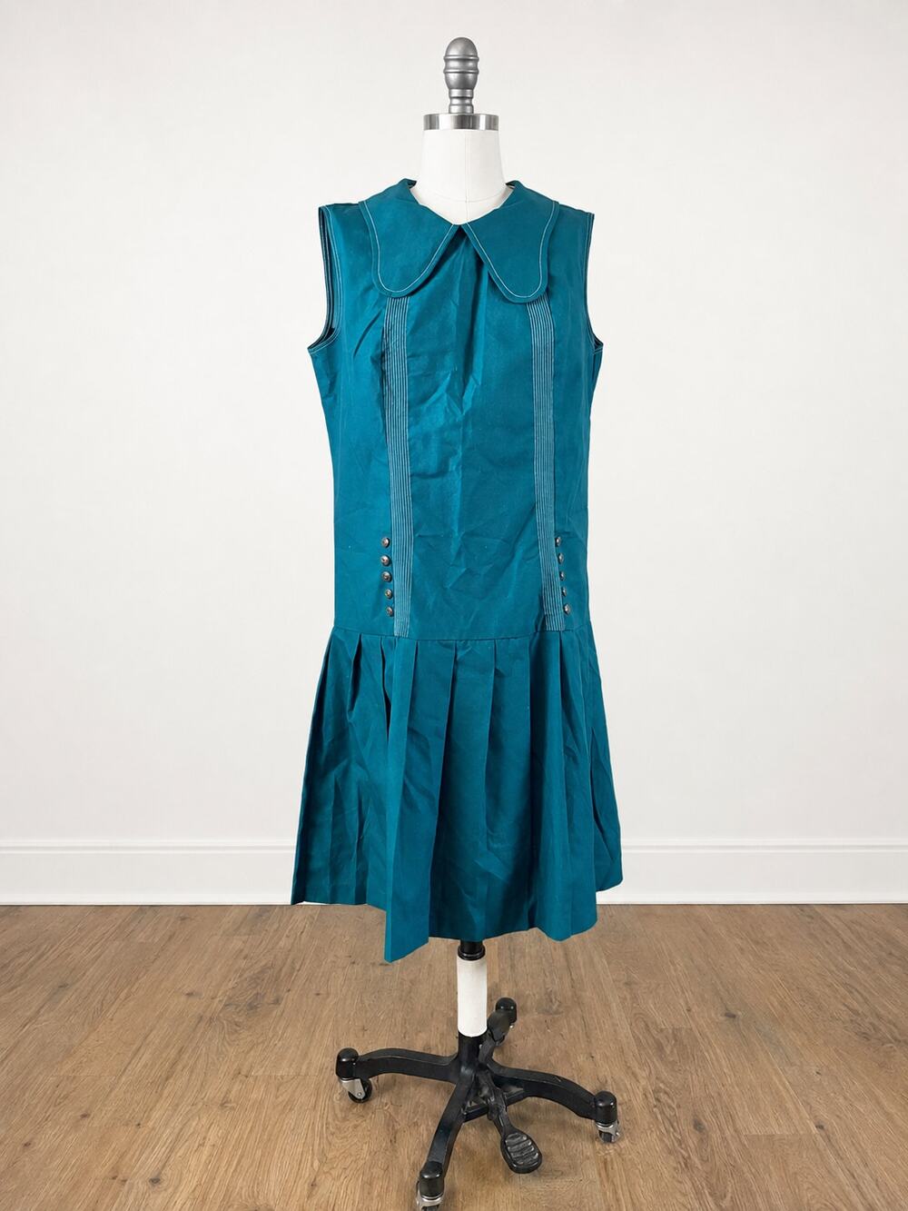 60s VTG Green Drop Waist Dress L Peter Pan Collar Mod Handmade Contrast Stitch